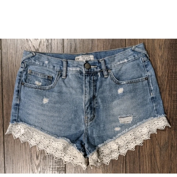 Free People Pants - FREE PEOPLE Distressed Cutoff Shorts Sz 27 Denim Jean Embroidery Hem Medium Rise
